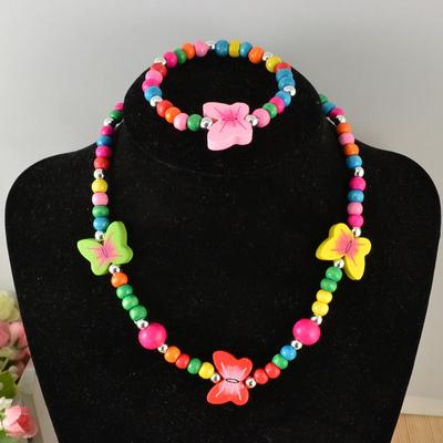 TopHanqi Girls Zircon Sets Cute Animal Butterfly Wood Beads Necklace Bracelet Set For Kids Children Girls Birthday Party Gift
