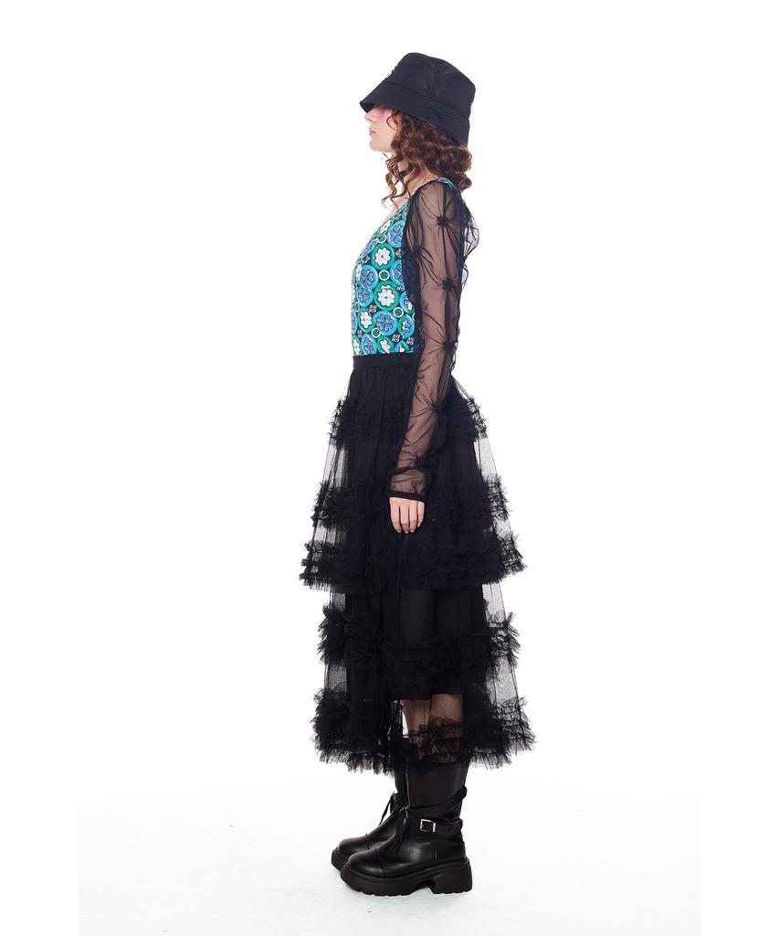 Greedius Sheer Lace Tiered Ruffle Mid Skirt