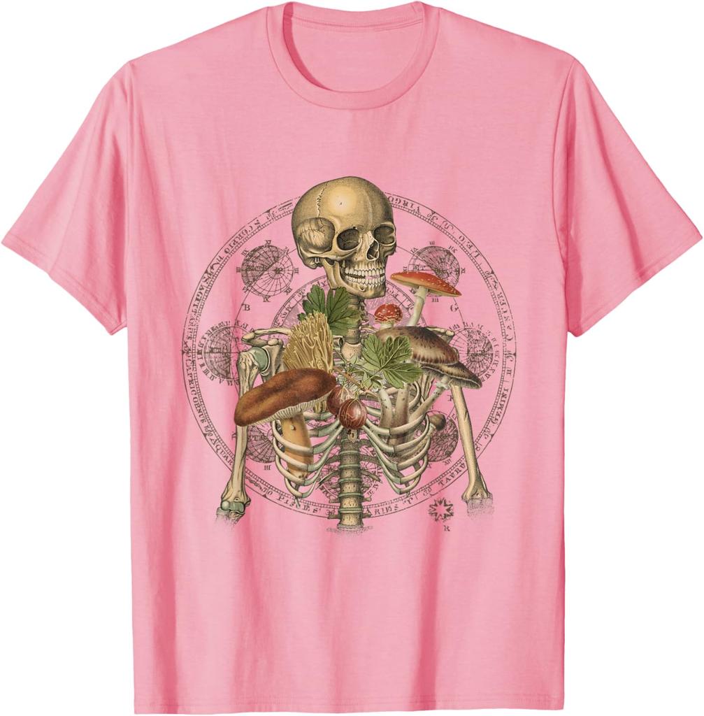 Skeleton With Mushrooms Goblincore Mycologist Fungi Graphic Tee Cotton Casual Trip T-Shirt