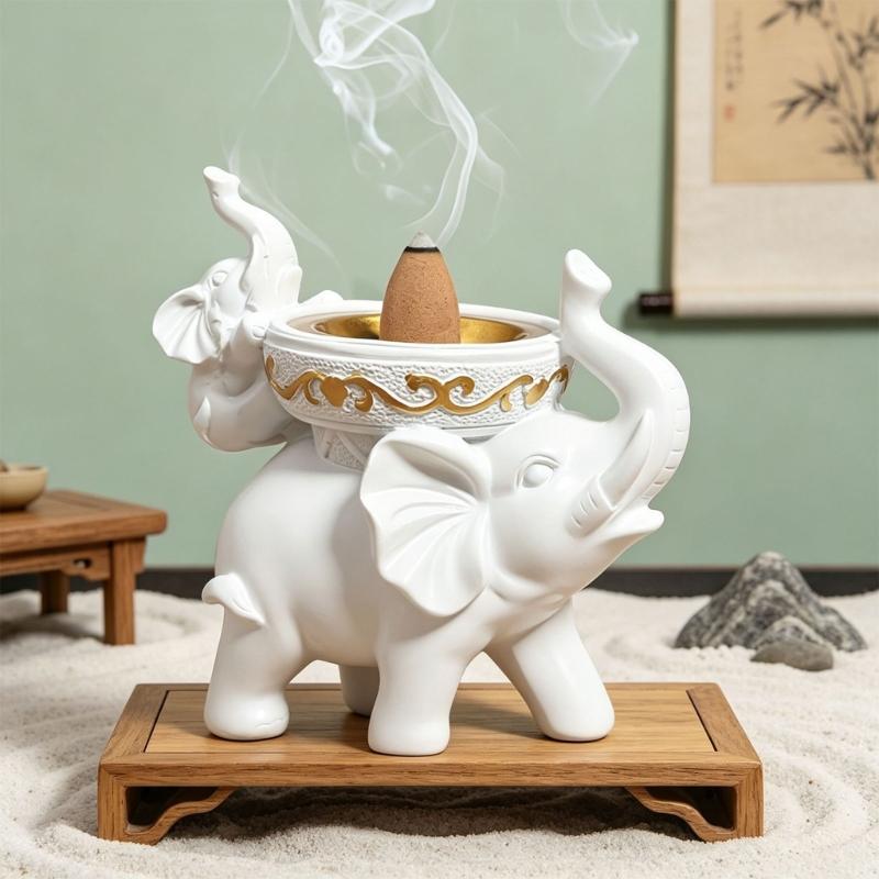 Decorative Mother and Baby Elephant Incenses Holder Resin Cone Burners White Finish with Gold Bowl for Meditations Room Table and Shelf Display
