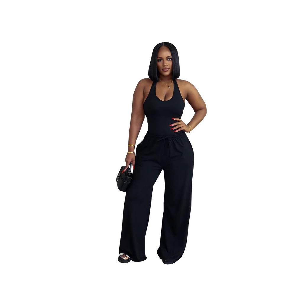 Women's Summer Solid Color Halter Top with High-Waisted Pocket Wide-Leg Pants