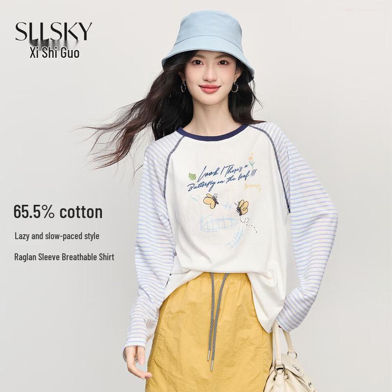 Women s Contrast Stripe Print Raglan Sleeve T-Shirt Blouse S жемчужина белый
