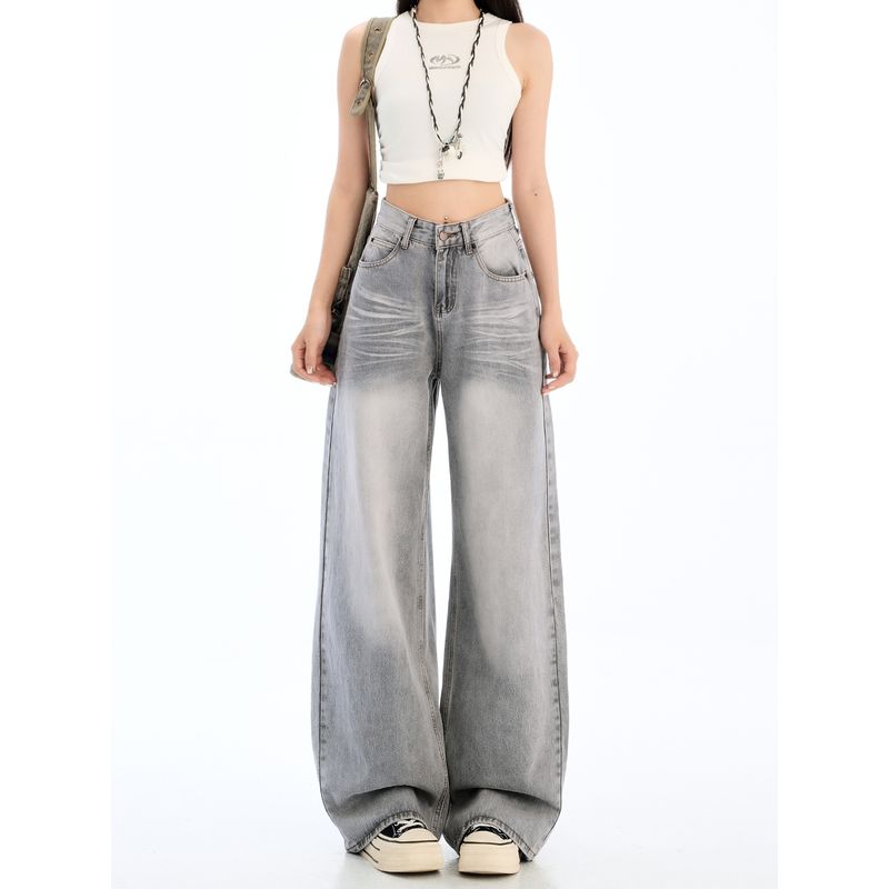 American Retro Light Gray Wide Leg Denim Women's Popular Thin High Waist Drooping Loose and Lazy Style Straight-Leg Pants This Year