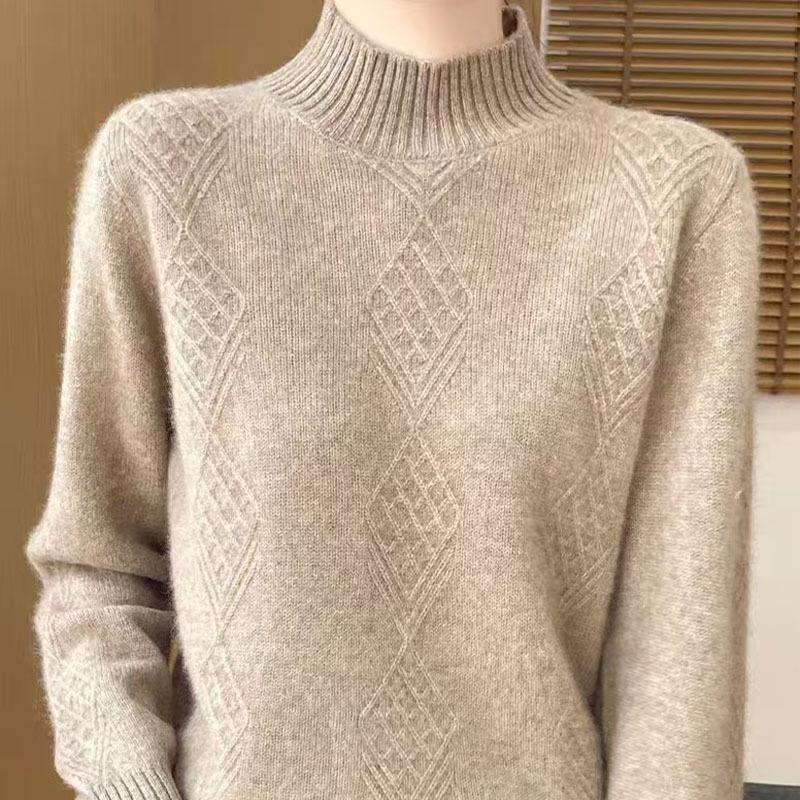 

Жаккардовый вязаный свитер с полувысоким воротником, женский осенне-зимний однотонный вязаный свитер с длинными рукавами, свободный толстый пуловер XXL хаки