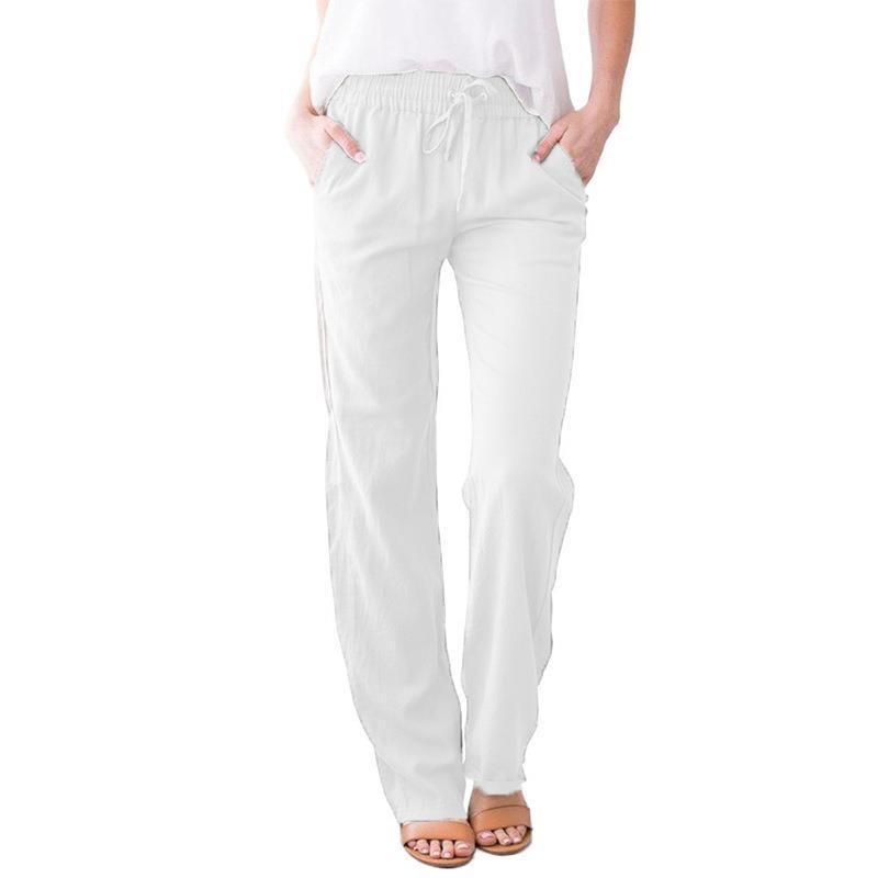 Spring Summer Women Trousers Solid Color Cotton Linen Pants Loose Casual Wide Leg Drawstring Pants
