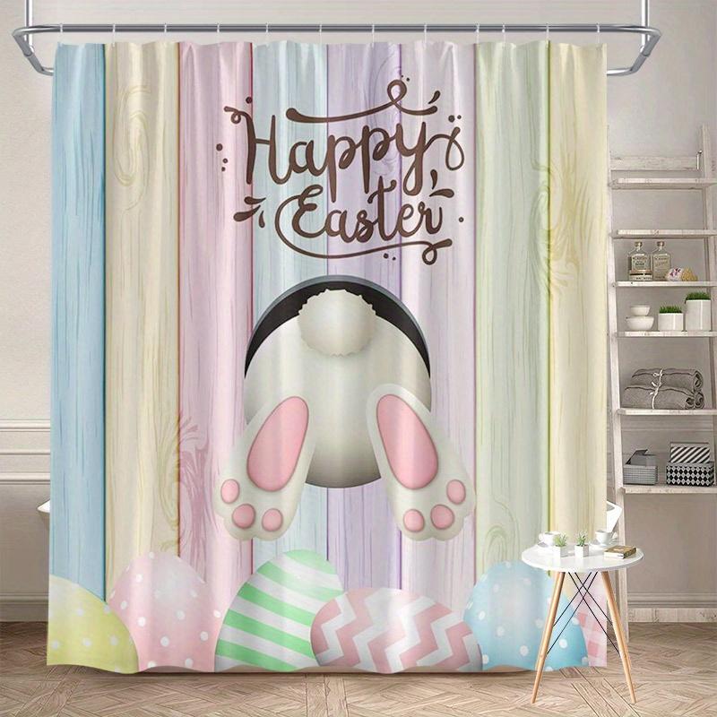 Счастливой Пасхи Шторка для душа - Принт с кроликом и яйцом с надписью  Счастливой Пасхи , Модный стиль, Полиэстер, Машинная стирка W90xH180cm