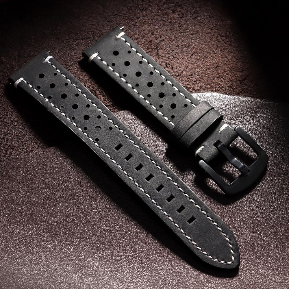 18/19/20/21/22/24mm Cowhide Watch Bands Vintage Racing Leather Watch Strap for Seiko Quick Release Breathable Porous Watchband