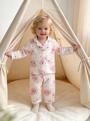 Toddler Girls Pajama Set Cute Pink Sleepy Cloud Star Print Lapel Button Long Sleeve Shirt & Pants Soft Loungewear Pjs for Baby Girls 6M-3Y