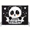 2D Black White Panda Birthday Photography Backdrop with Hearts for Photo Booth