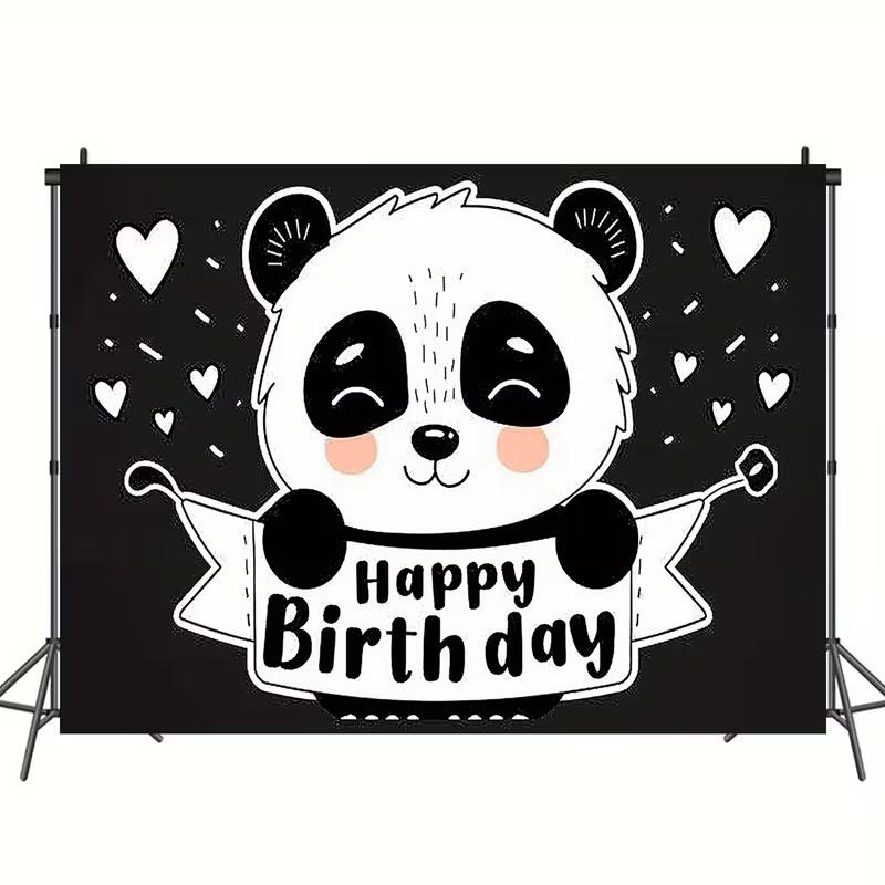 2D Black White Panda Birthday Photography Backdrop with Hearts for Photo Booth