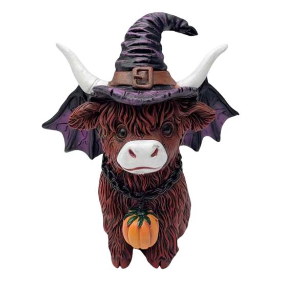 Halloween Highland Cow Resin Figurine Wizard Hat Pumpkin Broom Cattle Statue Sculpture Holiday Party Decoration Ornament