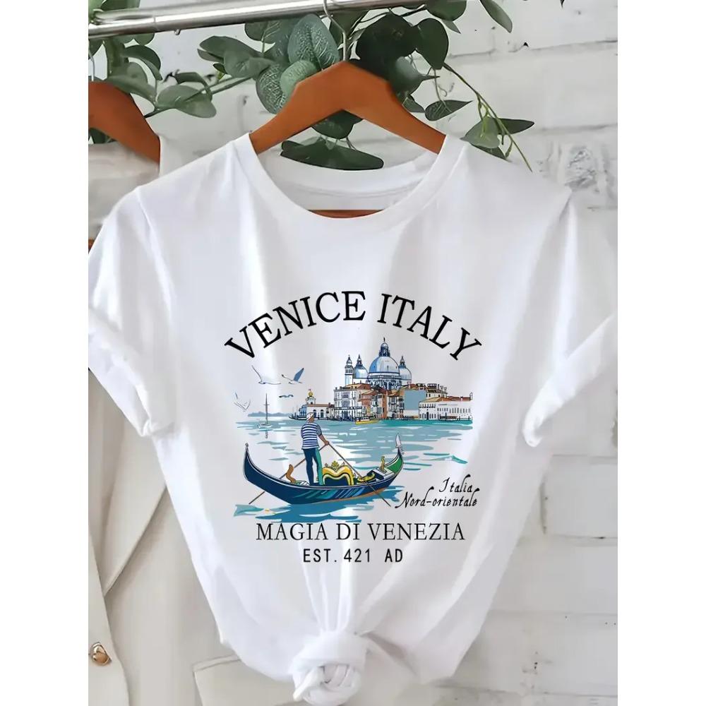 Fashion Venice Italy Print Womens Crew Neck TShirt Casual Short Sleeve Letter Print Comfortable Casual Fit Vibrant Colors