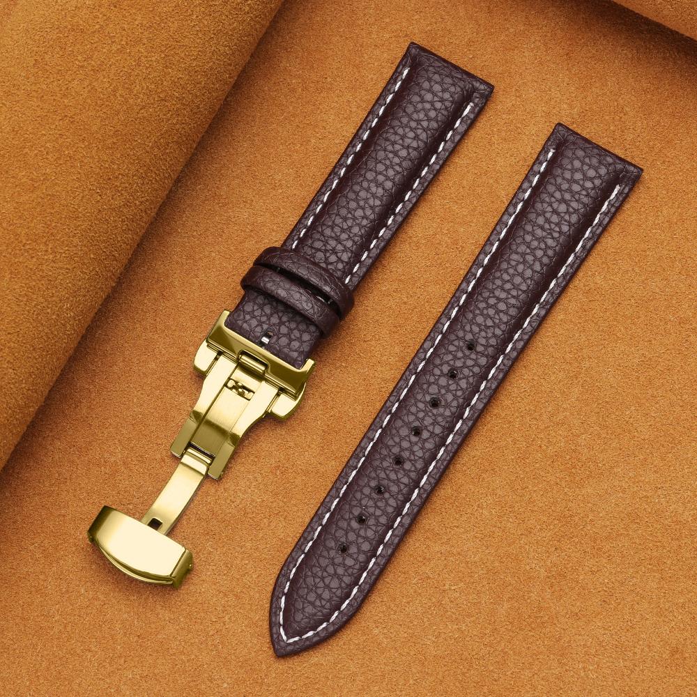12/14/16/18/19/20/22mm Kalvskinnsklockarmband Litchimönstrad Rem Äkta Läder Armbandsurrem Fjärilsspänne Klocktillbehör