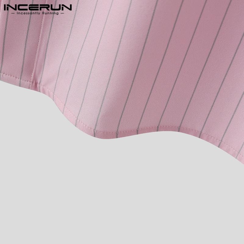 INCERUN Men Collarless Short Sleeve Striped Print Casual Office Shirts Tops