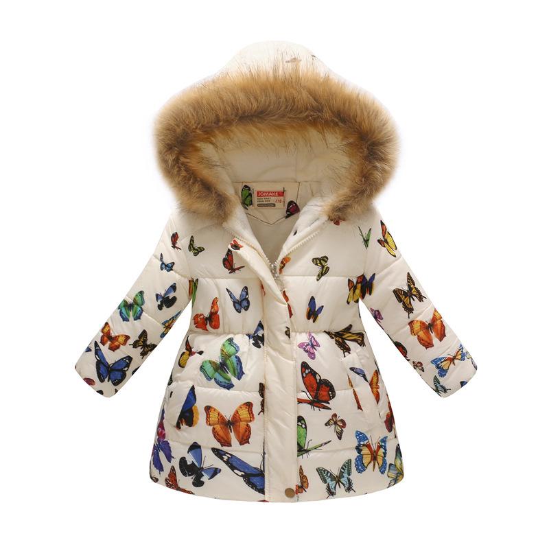 Autumn and Winter Children's Cotton Jacket Boys and Girls Fashion Printing Cartoon Big Boy Long Section Hair Collar Hooded Cotton Coat Jacket