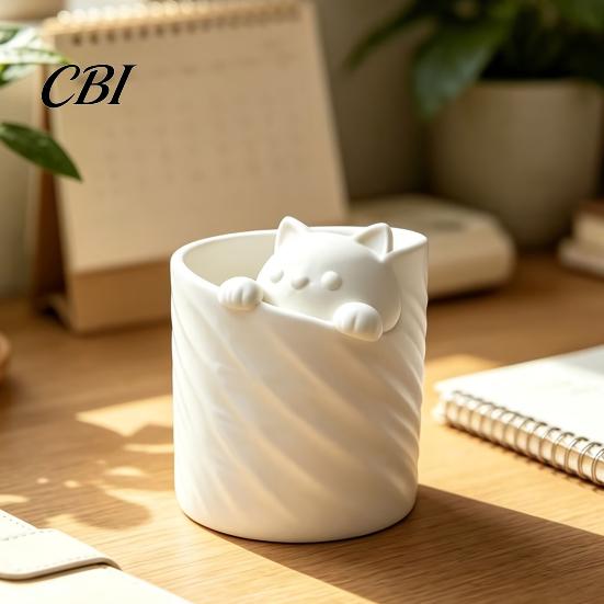 Pen Container 3D Printed Holder, Cat Shape Large Capacity Hollow Barrel Desk Organizer for Gel Pens Pencils Makeup Brushes, Cute Girlish Decor