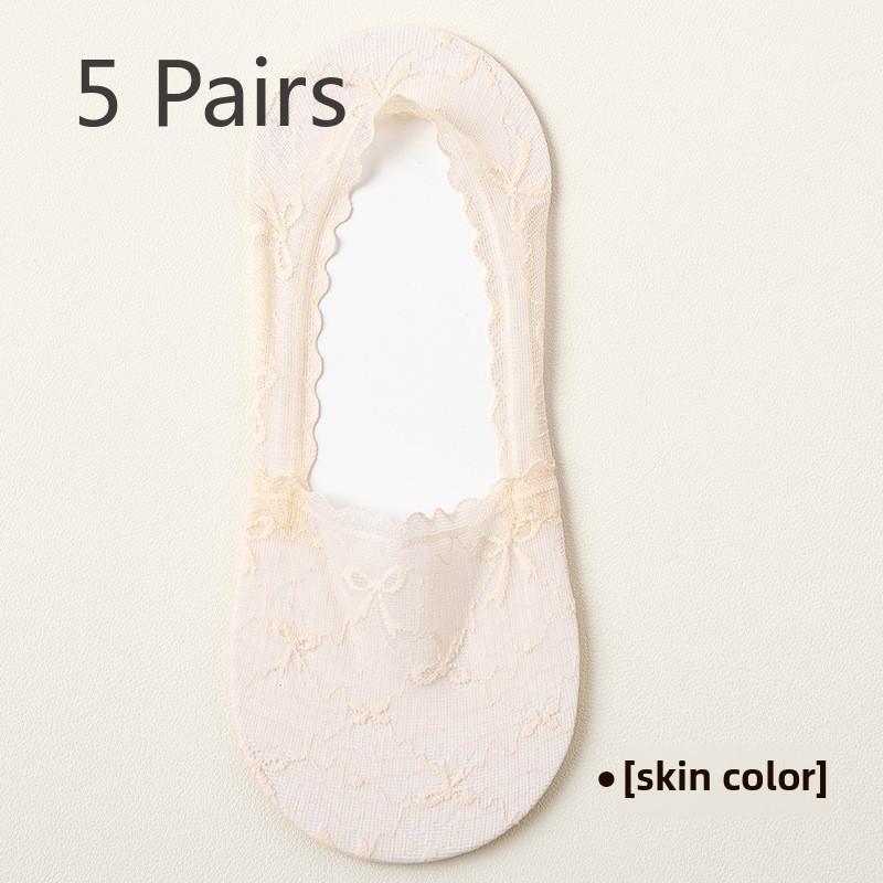

5 пар женских летних тонких кружевных бантиков с невидимым мелким вырезом, впитывающих пот, нескользящих носков-лодочек 5 Pairs телесный