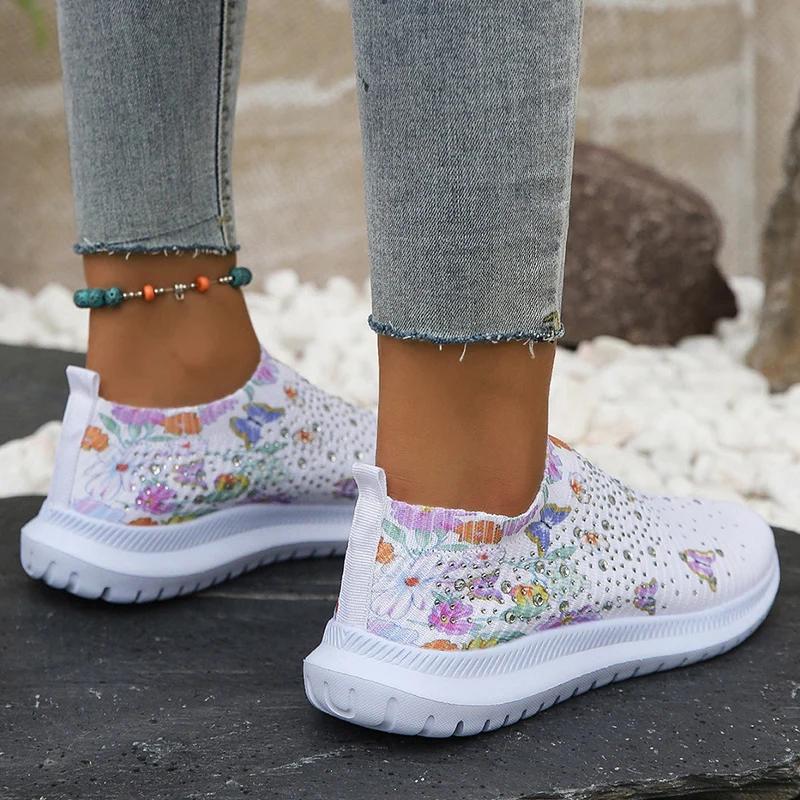 Fashion Fashion Floral Print Platform Sneakers Women Rhinestone Decor Lightweight Walking Shoes Woman Breathable Knit White Sports Shoes