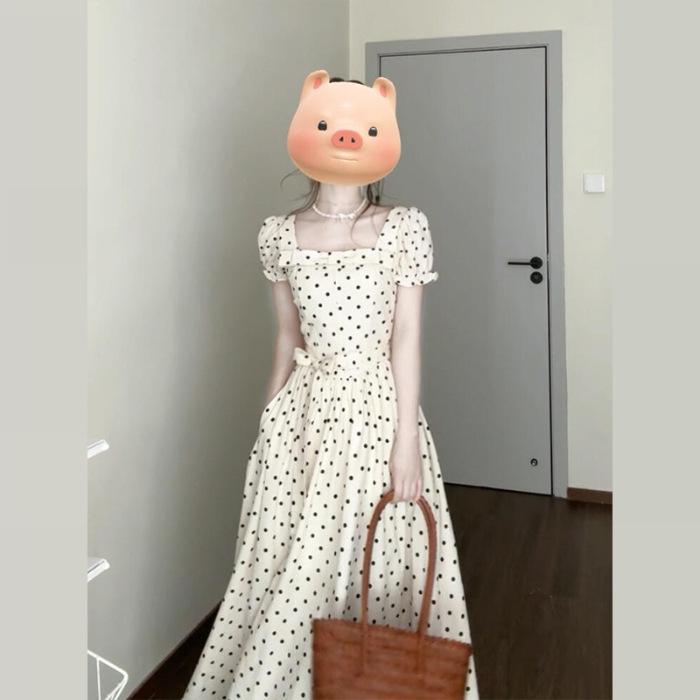 French retro niche white polka dot short-sleeved dress women s 2026 new summer temperament waist dress S