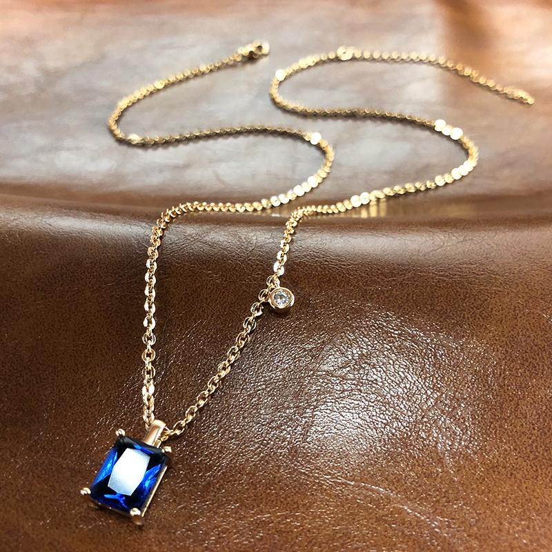 Colar com pingente quadrado de zircônia azul, cor dourada, corrente para festa de casamento, joias da moda para mulheres