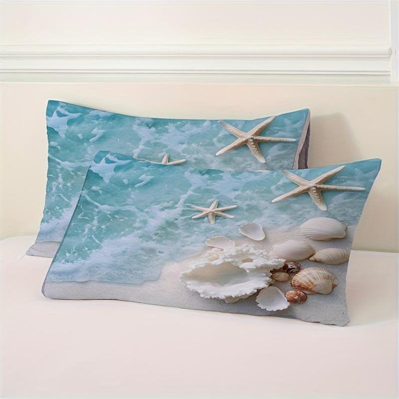2/3Pcs Beach Waves Shell Print Duvet Cover Set (1 Duvet Cover + 1/2 Pillowcase, Without Core), Summer Ocean Theme Bedding Set