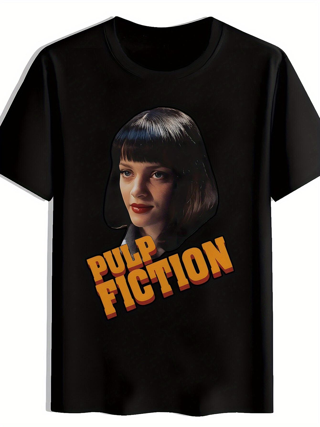 T-shirt Vintage Pulp Fiction Movie Graphic - Black Retro Cinema Tee with Orange Lettering L