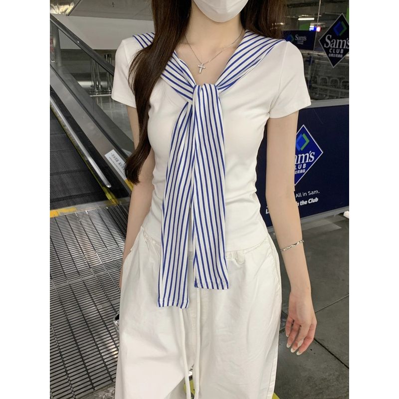 Kumikumi Design Sense White Stripe Lace-up Temperament Short sleeve T-shirt Women Summer Slim fit Slimming Versatile Top