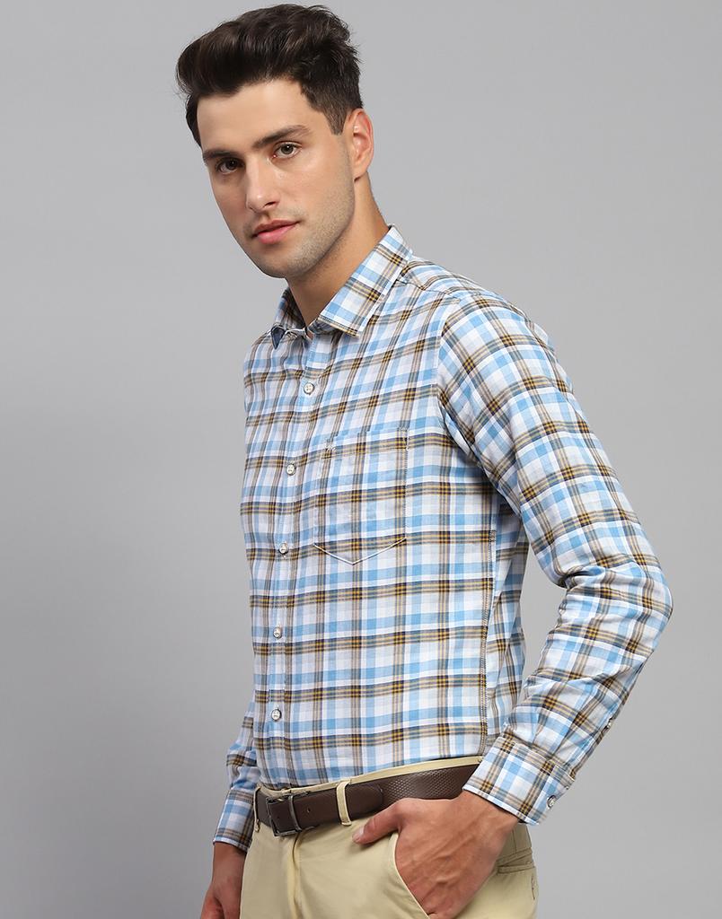 Monte Carlo Mens Blue Checkered Spread Collar Full Sleeve Casual Shirt
