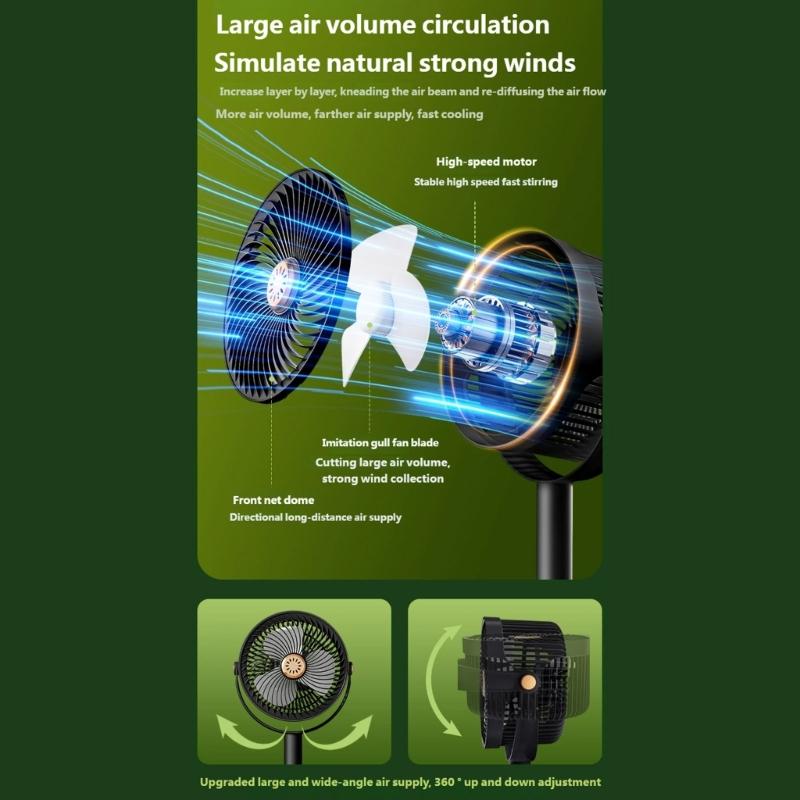 Wiederaufladbarer Solar-Bodenventilator mit flexibler Höhenverstellung Leiser Teleskop-Schreibtischventilator für Terrassen, Gärten und kleine Räume