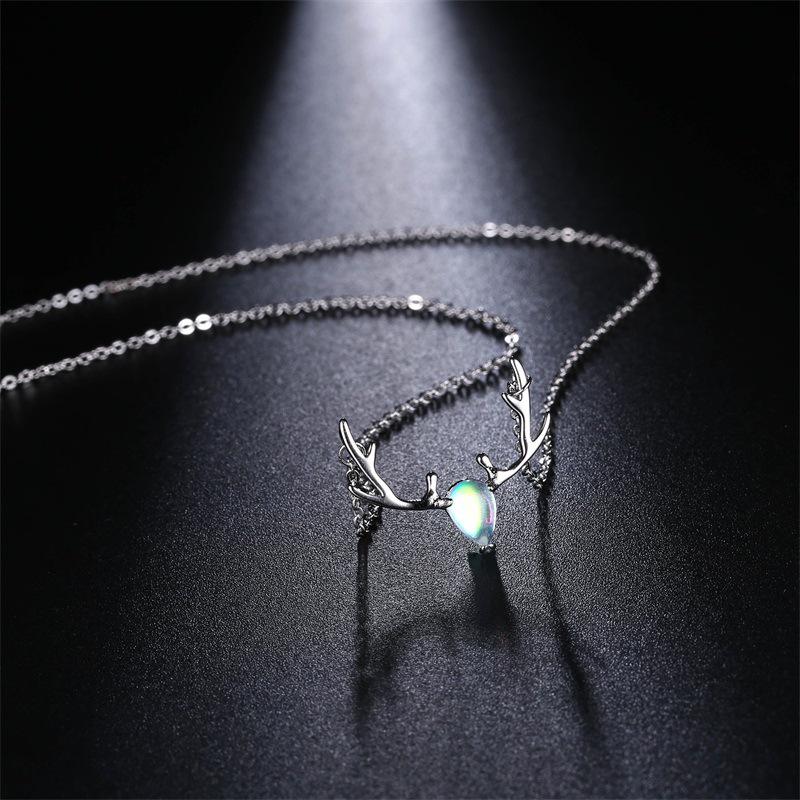 Buntes Mondstein Geweih Halsband: S925 Silber, Mori-Stil, Hirsch-Design, Perfektes Weihnachtsgeschenk