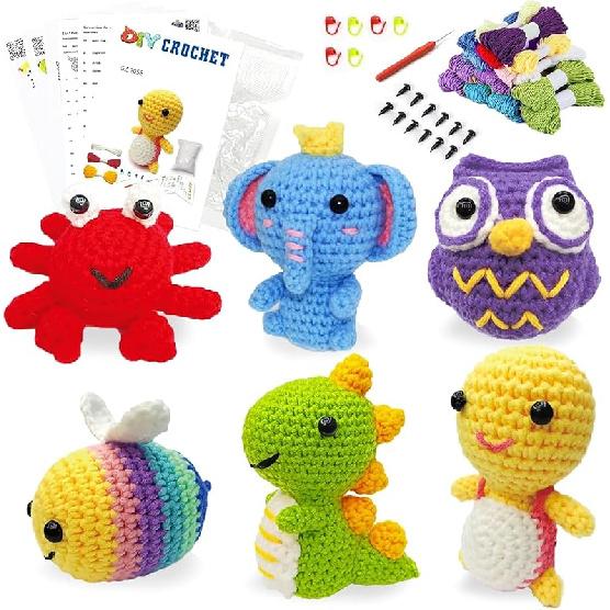 6Pcs Crochet Kit for Beginners, 2024 DIY Craft for Adults and Kids, Great Gift for Crochet Lovers, Crochet Animal Kits with Step by Step Animals A