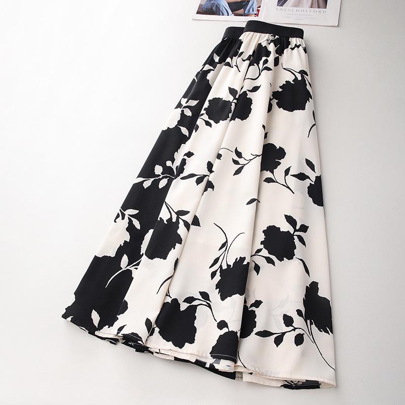 Women's Black & White Floral High Waisted Pleated Chiffon Midi Skirt, Spring/Summer 2025 Collection
