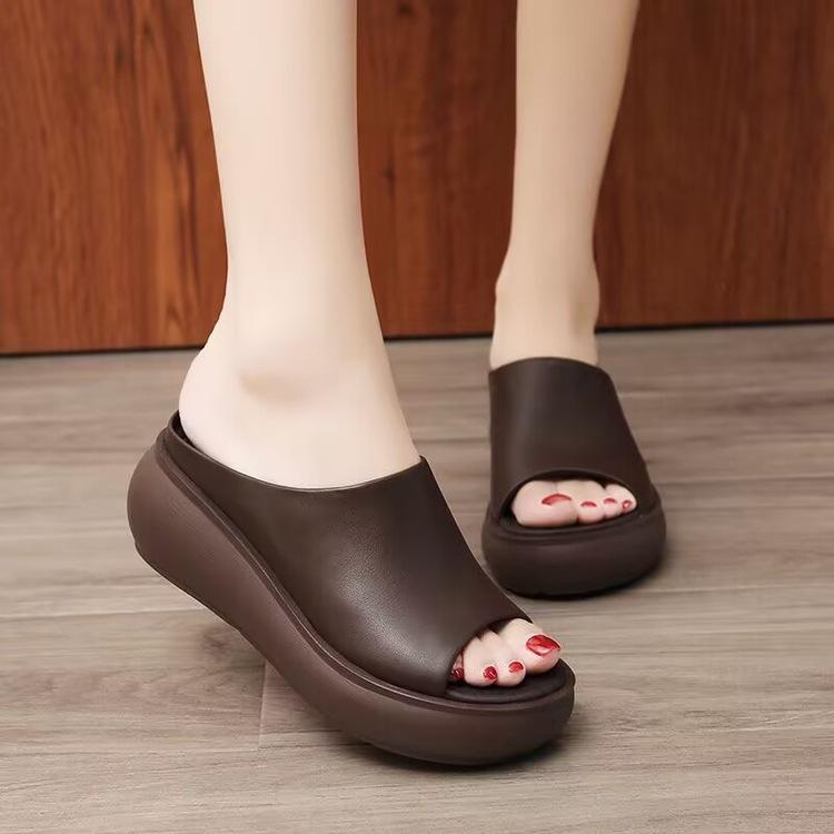 Thick-bottomed muffin cool slippers summer new outer wear high-heeled non-slip slope and casual one-word slippers