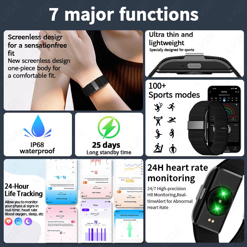 Sports Fitness Smart Bracelet Men Message Alert HRV Blood Oxygen Health Monitor IP68 Waterproof No Screen Smartwatch