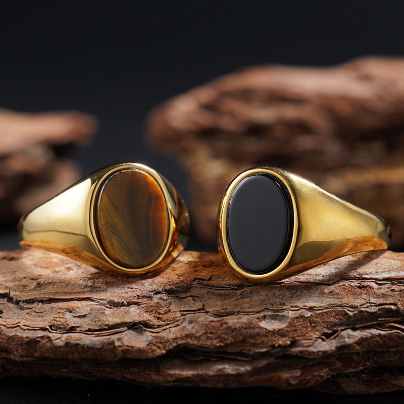 1pc Men's Women Ring Vintage 316L Stainless Steel Ring with Black Onyx Agate Tiger Eye Lapis Stone Unisex Ring Jewelry