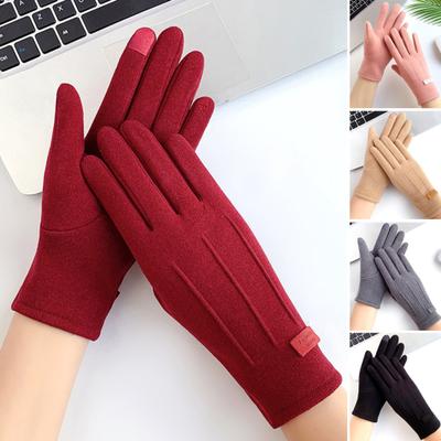 1 Pair Women Winter Warm Gloves Solid Color Wear Resistant Windproof Thickened Fleece Lined Touchscreen Gloves