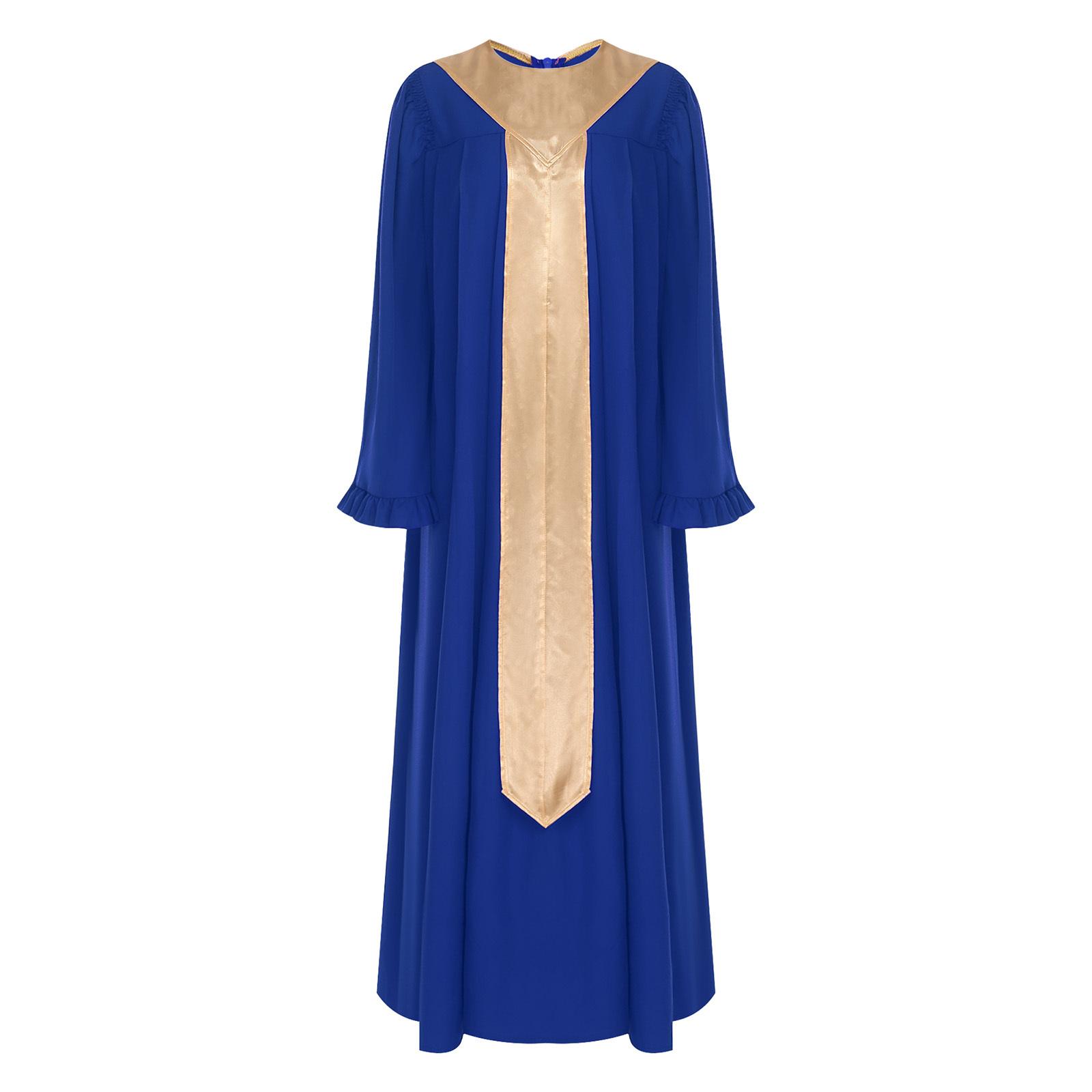 

Womens Choir Robe Flared Long Sleeve Ruffled Trim Color Blocking Sash Long Robe Priest Cassocks S