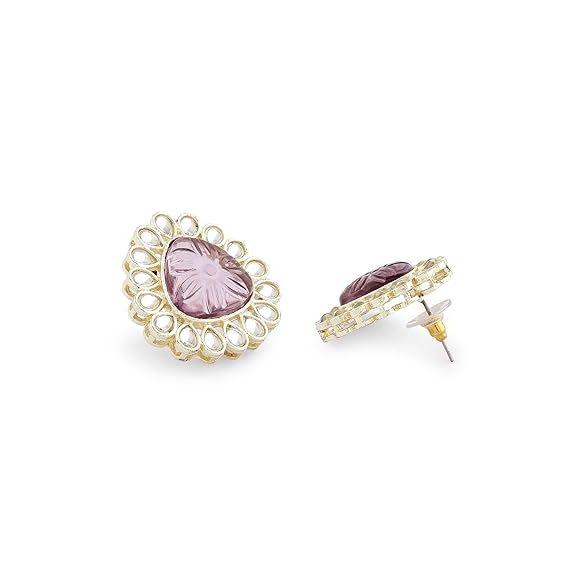 Pink Purple Stones Embellished Kundan Necklace Earring & Ring Set For Women