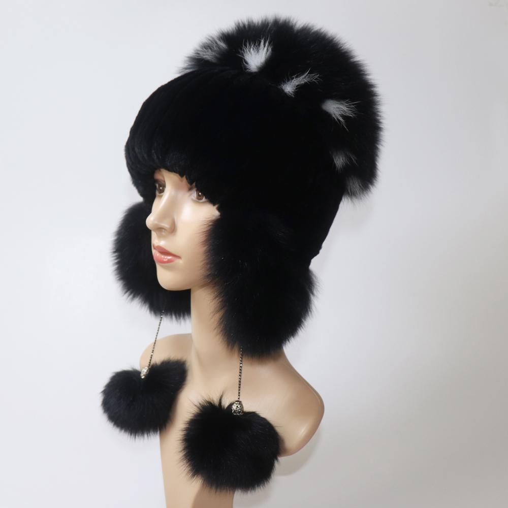 Elastické Pletené Čepice z Králičí Rex Fur Handmade Čepice z Pravé Kožešiny s Liščími Ušima Pravá Kožešina Sněžná Čepice Kukly pro Ženy Designérská