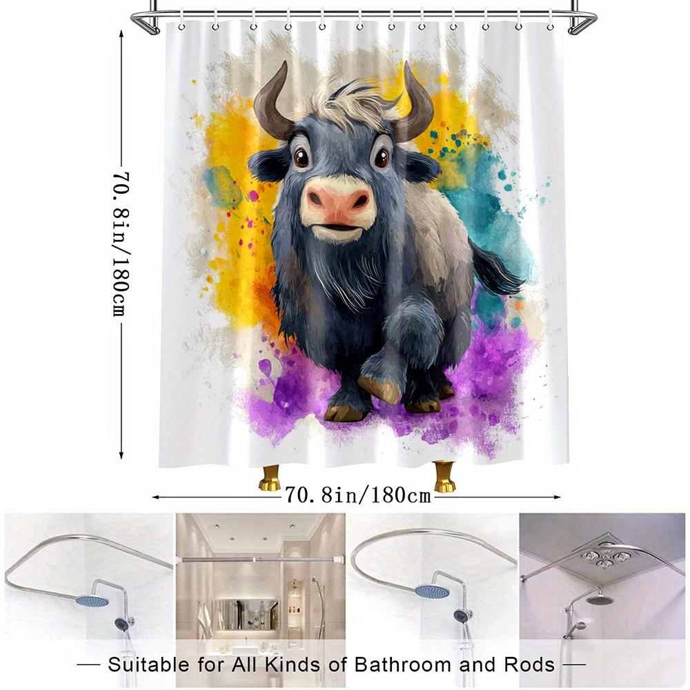 1Pc Cute Watercolor Bull Shower Curtain - Funny Bathroom Decor With 12 Hooks, Durable Polyester Fabric, 70.8X70.8 Inches,