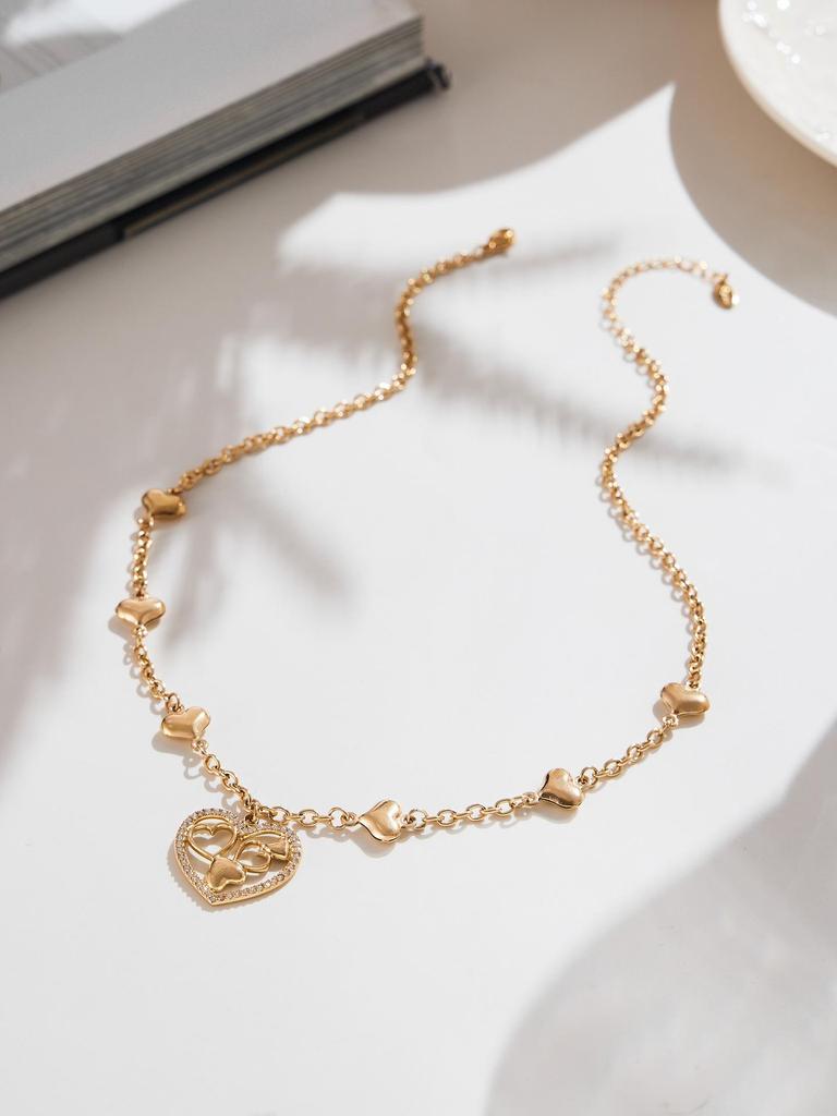 Qiong Yao 5A Zircon Heart Pendant Necklace with Diamond Accents, 18K Gold-Plated Stainless Steel.