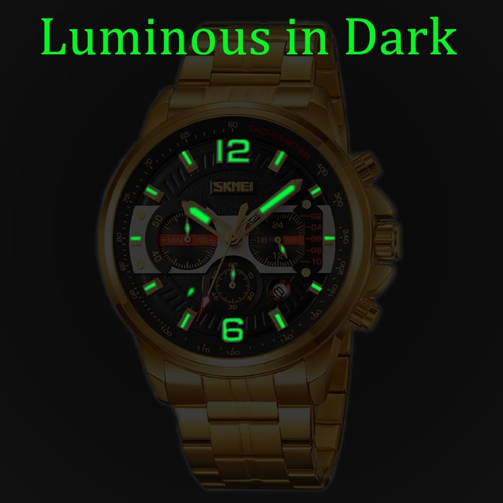 Men's Watches Stainless Steel Chronograph Calendar Luminous Men's Watch Waterproof Six-Pin Quartz Wristwatches Males Gifts