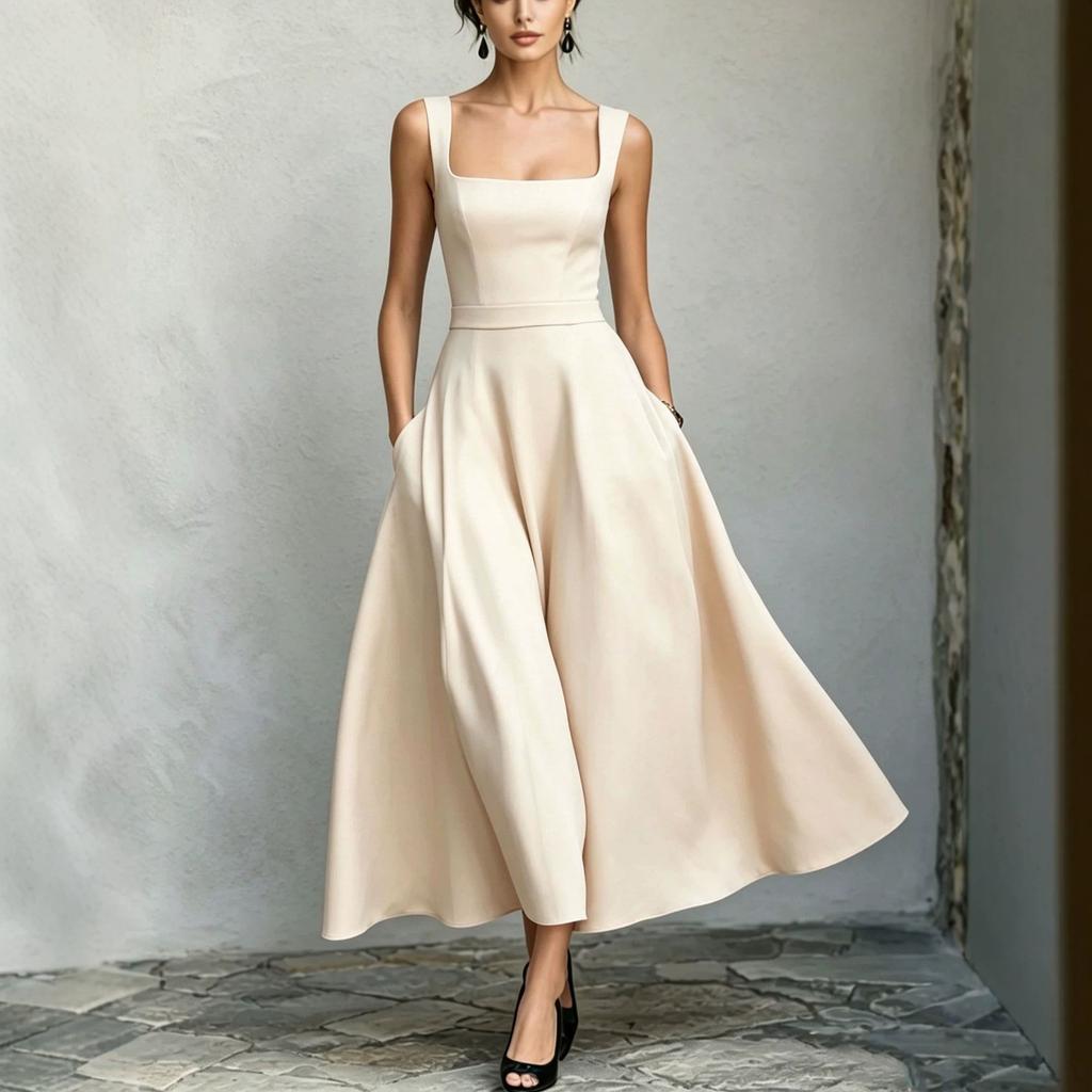Summer new European and American women's clothing temperament square collar sleeveless waist suspender dress women