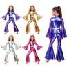 Girls Metallic Bodysuit Jumpsuit Split Flare Pants Long Bell Sleeves Mock Neck Back Invisible Zipper with Headband for Disco Party