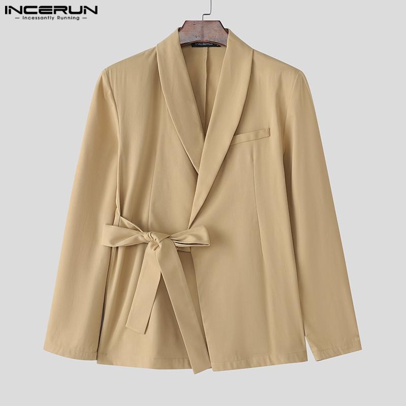 INCERUN Men Lapel Neck Long Sleeve Side Lace-up Casual Loose Thin Blazer Oversized Coats