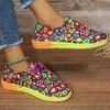 Wide Lace Up Colored Low Top Single Shoe, Women's Graffiti Lazy Canvas Flat Sole Single Shoe