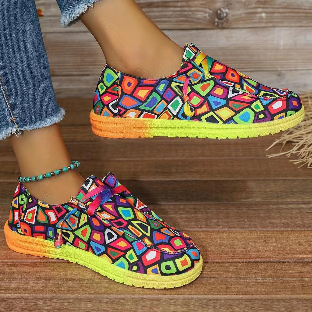 Wide Lace Up Colored Low Top Single Shoe, Women's Graffiti Lazy Canvas Flat Sole Single Shoe