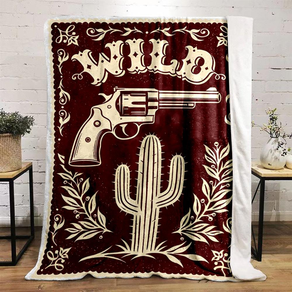 Wild West Pistol and Cactus Design Blanket Flannel blanket for bedroom, living room, sofa, and nap sofas.