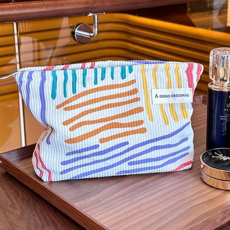 Colorful Stripes Corduroy Cosmetic Bag Portable Travel Toiletry Bag Skincare Sundries Aesthetic Makeup Storage Bag