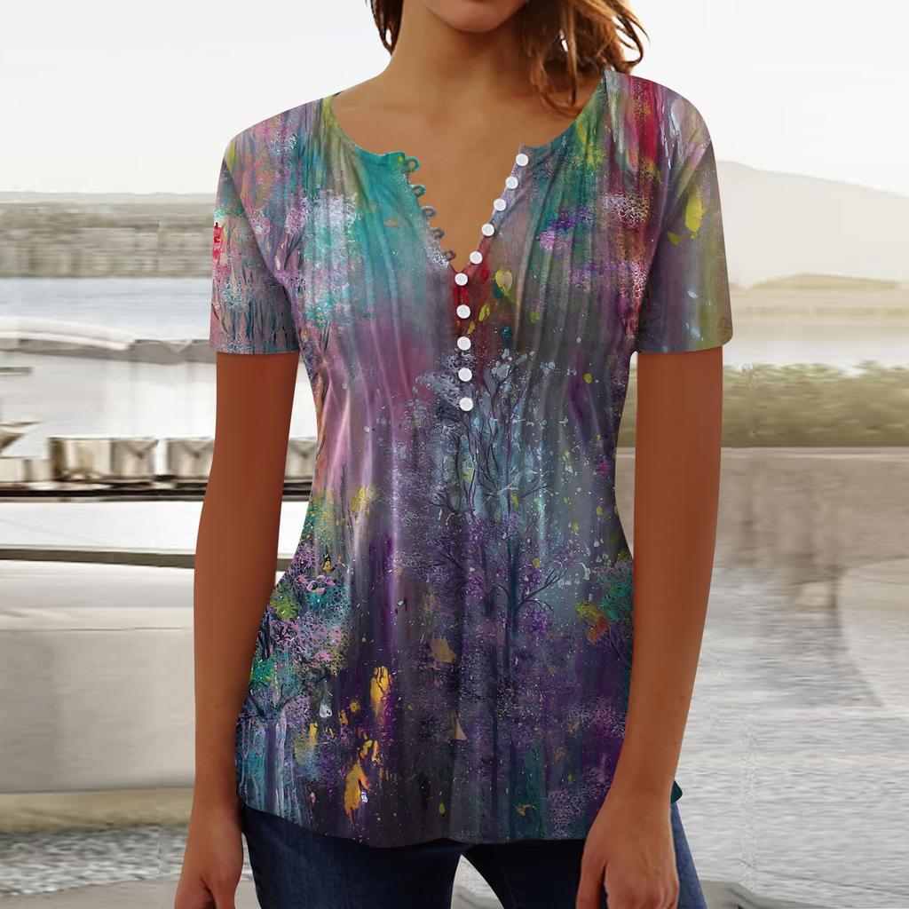 Women's Shirt Blouse Button Retro Print Short Sleeve Casual Basic Round Neck Regular Top